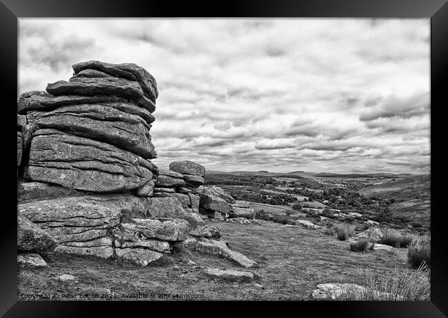Dartmoor looking towards the south. Devon, UK. Black and white. Framed Print by Peter Bolton