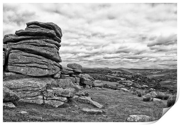 Dartmoor looking towards the south. Devon, UK. Black and white. Print by Peter Bolton