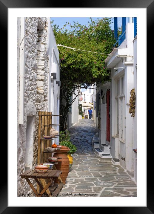 Dryopida backstreet, Kythnos Island Greece. Framed Mounted Print by Chris North