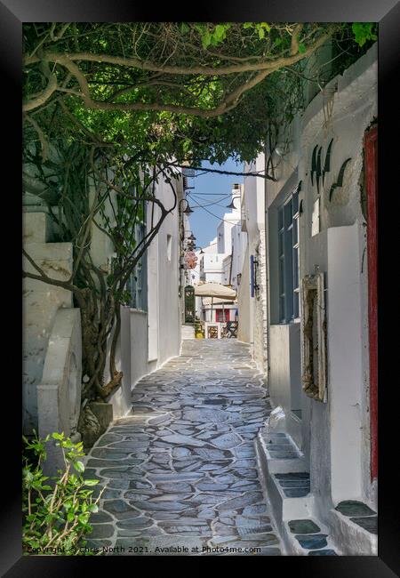 Dryopida backstreet, Kythnos Island Greece. Framed Print by Chris North