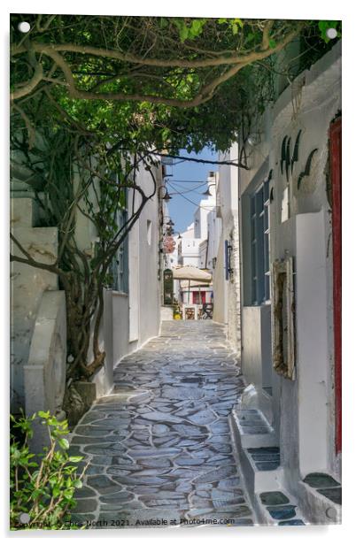 Dryopida backstreet, Kythnos Island Greece. Acrylic by Chris North