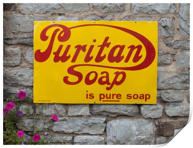 Enamel sign advertising Puritan soap on a wall in Buckfastleigh, Devon. Print by Peter Bolton
