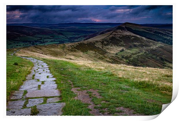 Stormy sunrise over Mam Tor Print by Peter Taylor