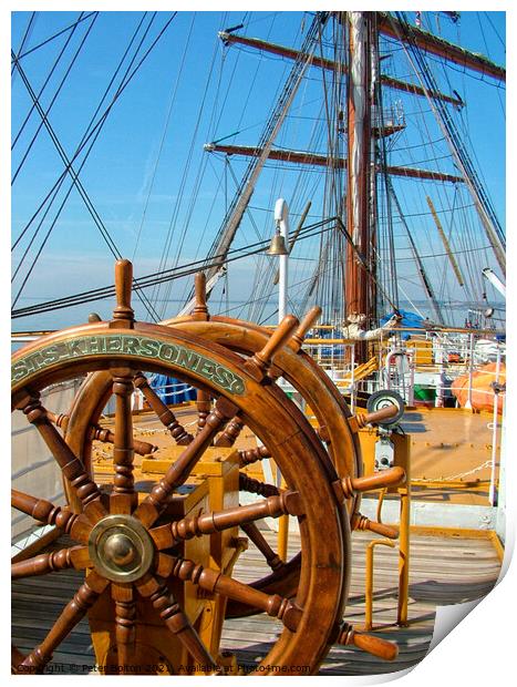 The ships wheel and view across the deck of tall ship Khersones. Southend on sea visit. Print by Peter Bolton