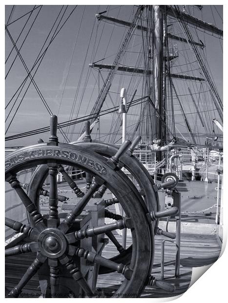 The ships wheel and view across the deck of tall ship Khersones. Southend on sea visit. Print by Peter Bolton