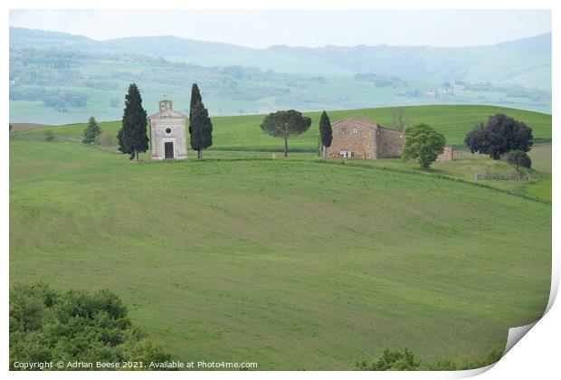 Hillside Farm and church in Tuscany Print by Adrian Beese