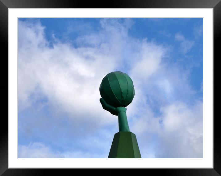 Green metal hand and ball Framed Mounted Print by Roy Hinchliffe