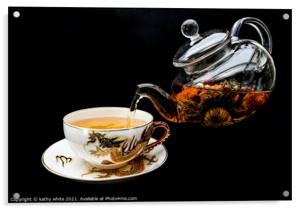 Chinese green tea being poured with glass teapot  Acrylic by kathy white