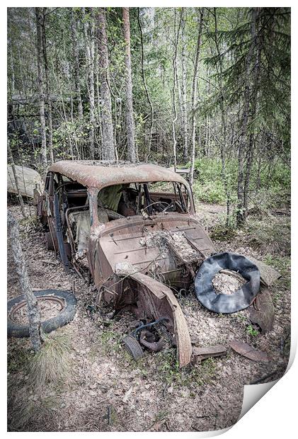 Kirkoe Mosse Bilkyrkogard Rusty Car Print by Antony McAulay