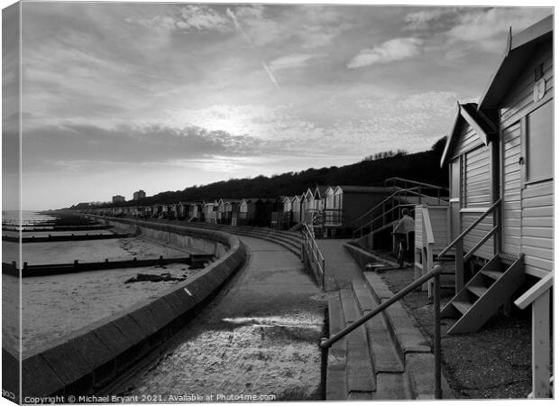 Beach huts frinton in black and white Canvas Print by Michael bryant Tiptopimage