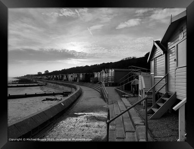 Beach huts frinton in black and white Framed Print by Michael bryant Tiptopimage