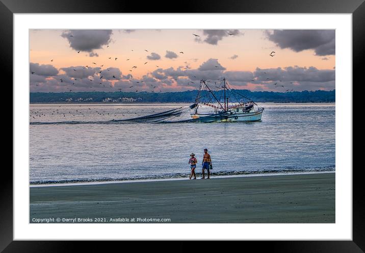 Shrimp Boat and Walk at Dusk Framed Mounted Print by Darryl Brooks
