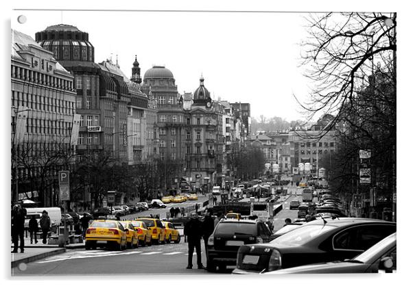 Taxis in Wenceslas Square Acrylic by Serena Bowles