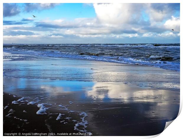Reflections on Noordwijk Beach Print by Angela Cottingham
