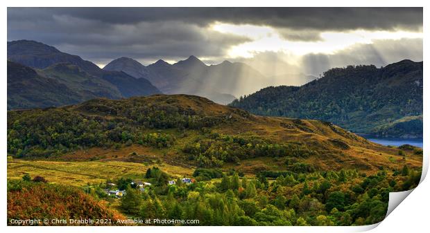 Light rays on the Five Sisters of Kintail Print by Chris Drabble