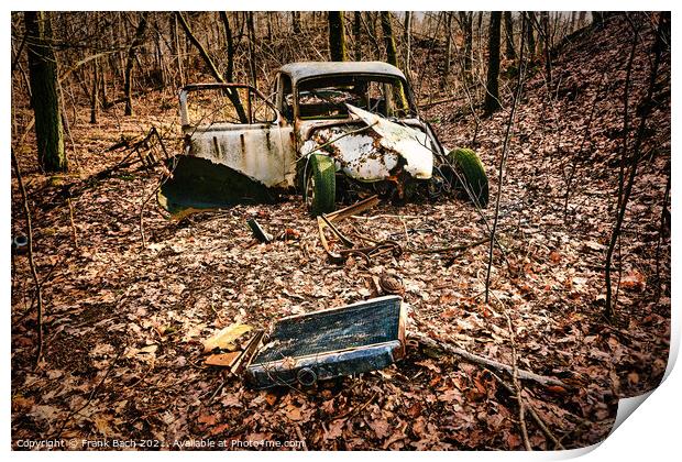 Car wreck desolated worn and rusty left in a forest, Denmark Print by Frank Bach