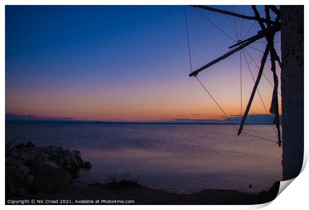 Greek Windmill at Sunset Print by Nic Croad