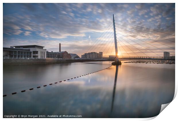 Swansea marina sail bridge at sunrise Print by Bryn Morgan