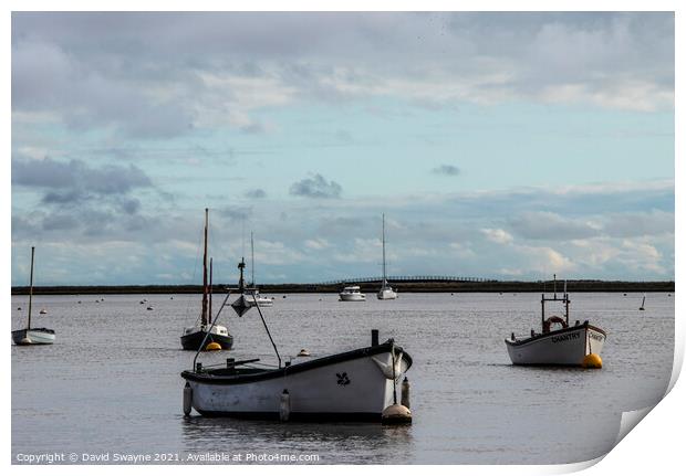 Boats anchored in Orford Harbour Print by David Swayne