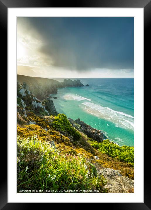 Spring showers over Porthcurno, Cornwall Framed Mounted Print by Justin Foulkes