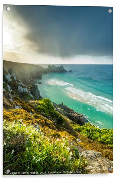 Spring showers over Porthcurno, Cornwall Acrylic by Justin Foulkes