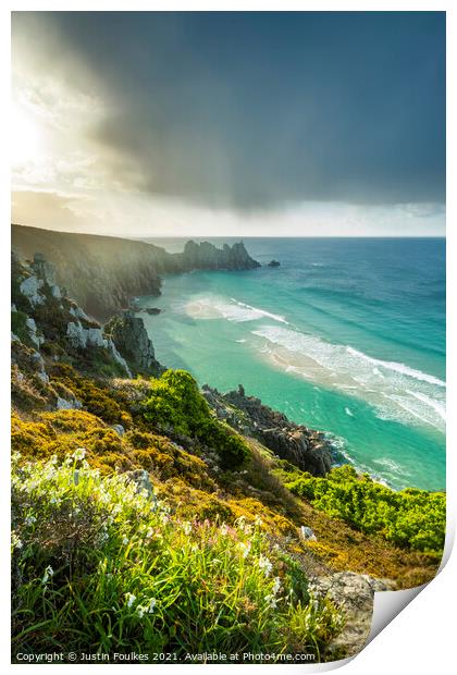 Spring showers over Porthcurno, Cornwall Print by Justin Foulkes