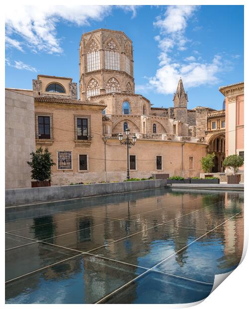 Reflection of Cathedral and Basilica Valencia Print by Steve Heap
