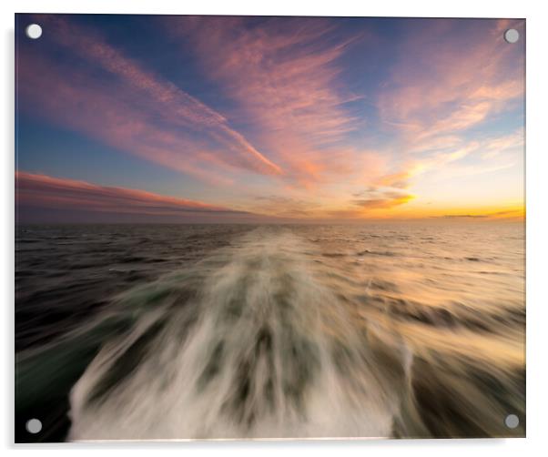 Sunset behind a cruising cruise ship at sea Acrylic by Steve Heap
