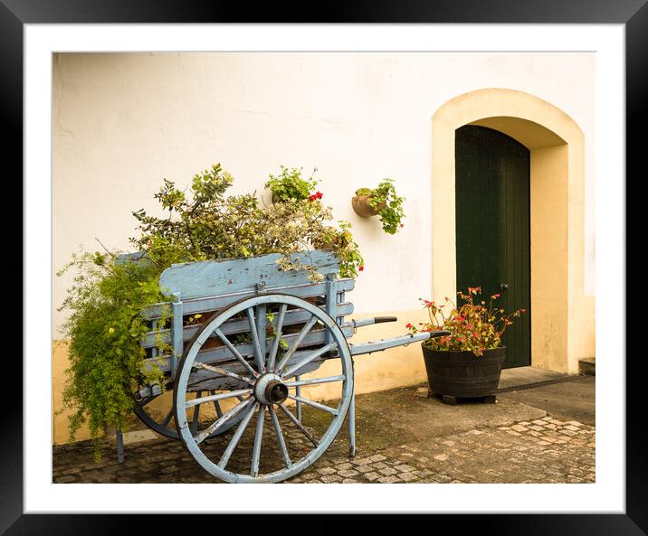 Old fashioned cart for horse with flowers by old white wall Framed Mounted Print by Steve Heap