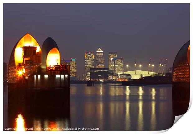 Thames Flood Barrier, O2 Building and Canary Wharf, London, England, UK Print by Geraint Tellem ARPS