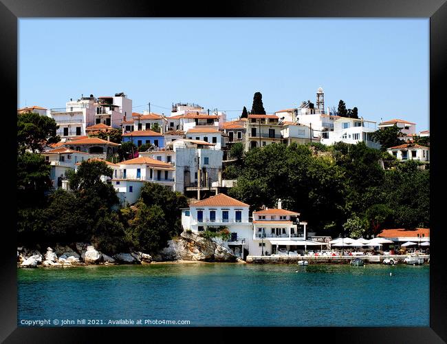 Skiathos town from the sea Framed Print by john hill
