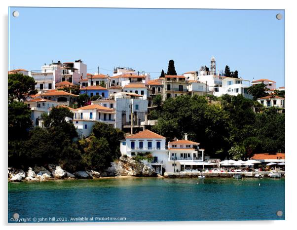 Skiathos town from the sea Acrylic by john hill