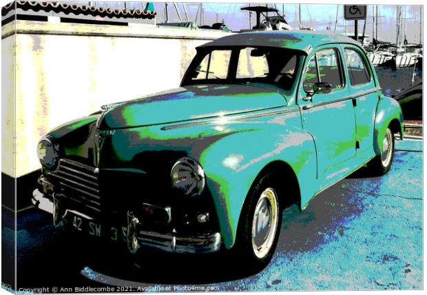 Posterized Peugeot 203 side view  Canvas Print by Ann Biddlecombe