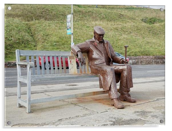 Sculpture of Freddie Gilroy on bench Scarborough Acrylic by Roy Hinchliffe