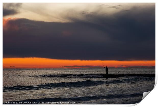 Fisherman on the sea at sunset. Print by Sergey Fedoskin
