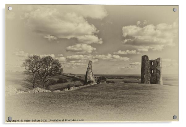 Ruins of Hadleigh Castle, Essex, UK. Monochrome process. Acrylic by Peter Bolton
