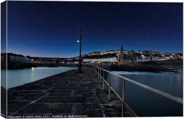Porthleven Harbour Cornwall with stars  Canvas Print by kathy white