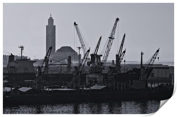 Docks at Casablanca harbour with the Grand Mosque in the background. Print by Peter Bolton