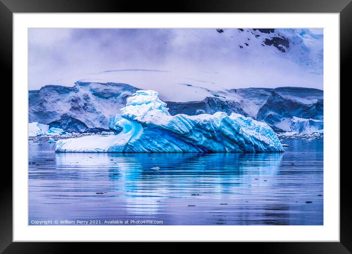 Snowing Floating Blue Iceberg Reflection Paradise Bay Antarctica Framed Mounted Print by William Perry