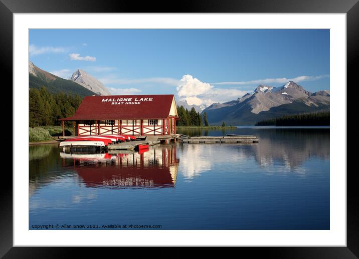 Maligne Lake Boat House, Alberta, Canada Framed Mounted Print by Allan Snow