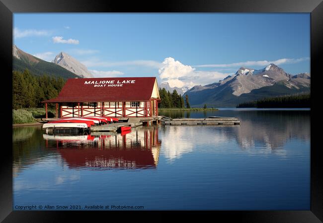 Maligne Lake Boat House, Alberta, Canada Framed Print by Allan Snow