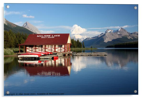 Maligne Lake Boat House, Alberta, Canada Acrylic by Allan Snow