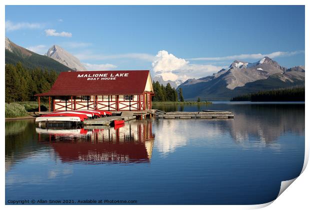Maligne Lake Boat House, Alberta, Canada Print by Allan Snow