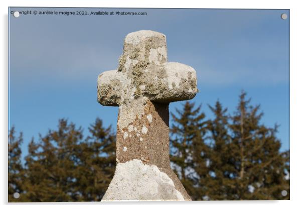 Granite cross near Notre Dame de Bon Voyage chapel in Plogoff Acrylic by aurélie le moigne