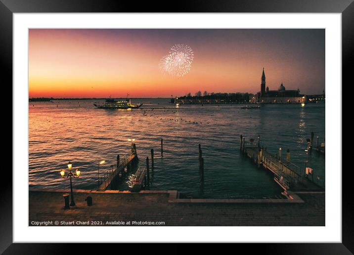 Venice bay at sunset with fireworks Framed Mounted Print by Stuart Chard