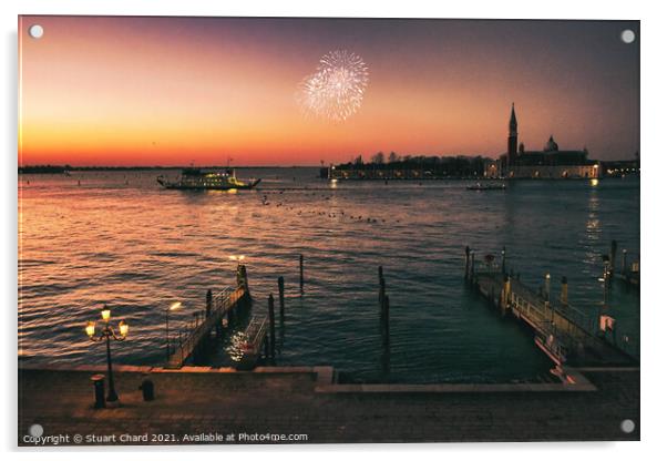 Venice bay at sunset with fireworks Acrylic by Stuart Chard