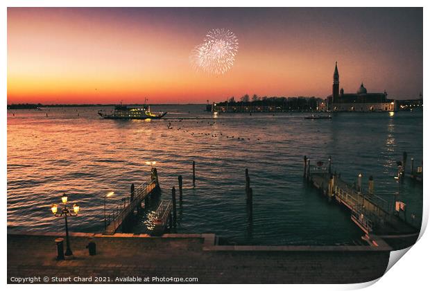 Venice bay at sunset with fireworks Print by Travel and Pixels 