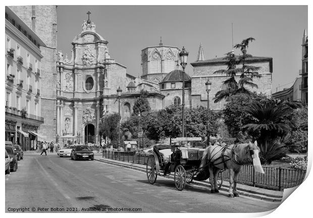 A horse drawn carriage in Malaga, Spain. Black and white. Print by Peter Bolton