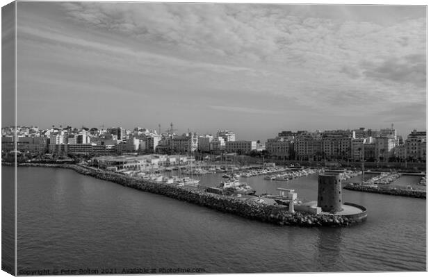 Entrance to the marina, Casablanca, Morocco. Black and white, Canvas Print by Peter Bolton