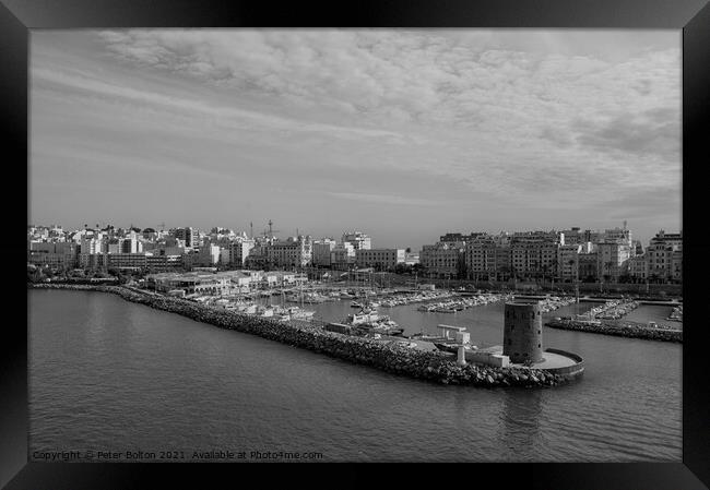 Entrance to the marina, Casablanca, Morocco. Black and white, Framed Print by Peter Bolton